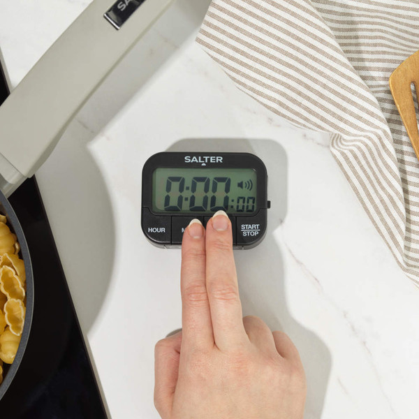 Black digital kitchen timer with large display, Salter branding, and control buttons
