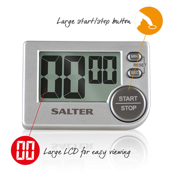 Digital kitchen timer with large LCD display and big start/stop button, silver