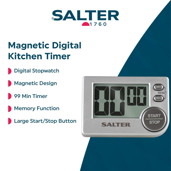 Digital kitchen timer with large display, silver finish, shown on countertop.