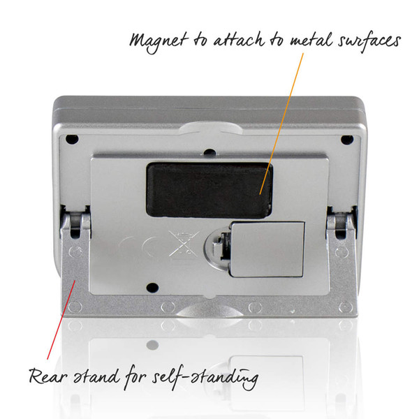 Silver device rear showing magnet for metal surfaces and stand for self-standing.