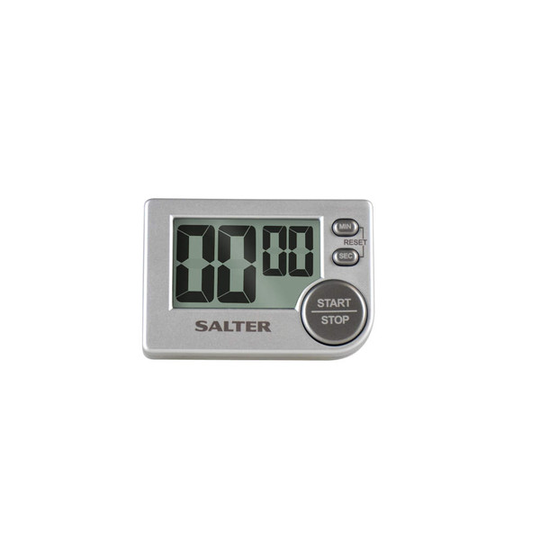 Silver digital kitchen timer with large LCD display and Salter branding