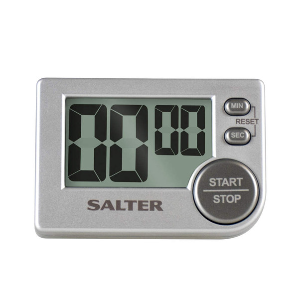 Silver digital kitchen timer with large LCD display and Salter branding