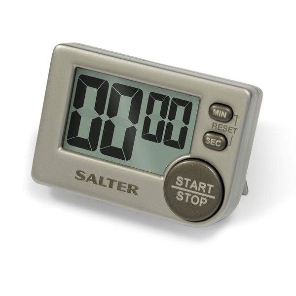 Silver digital kitchen timer with large display, start/stop button, and memory function