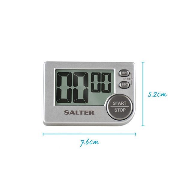 Silver digital kitchen timer with large display and Salter branding, shown with dimensions.