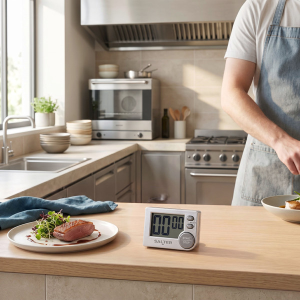 Silver digital kitchen timer with large display and start/stop button