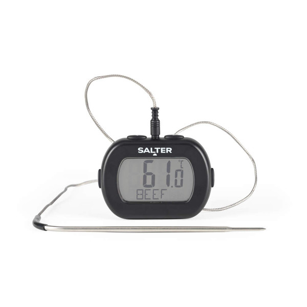 Digital meat thermometer with probe, black, showing 61°C for beef