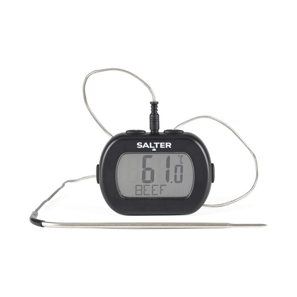 Digital meat thermometer with probe, black, showing 61°C for beef