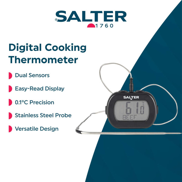 Digital meat thermometer showing 63°C for beef, next to sliced roast beef on chopping board