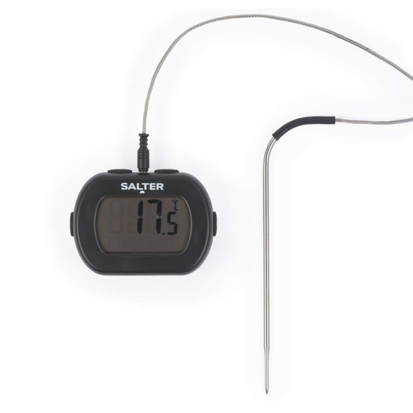 Black digital cooking thermometer with metal probe and large LCD display
