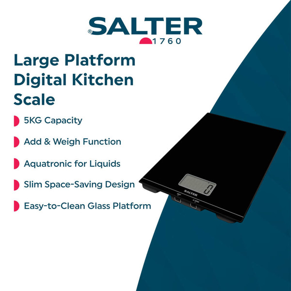 Black digital kitchen scale with large glass platform, Salter brand, 5kg capacity, slim design.