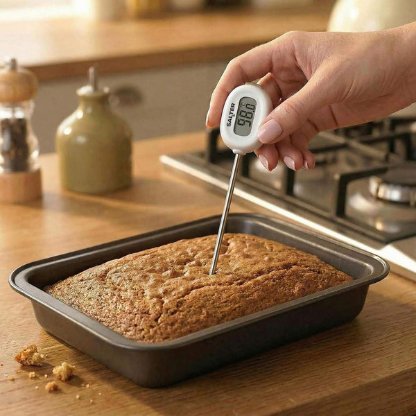 Digital thermometer testing baked cake in tin on kitchen worktop