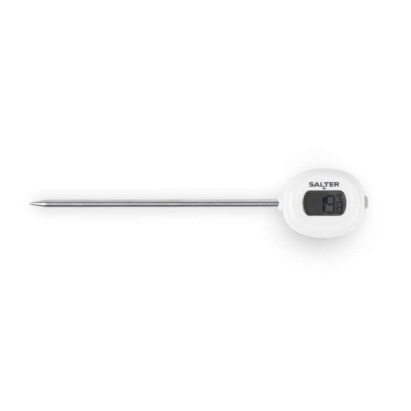White digital kitchen thermometer with metal probe, displaying temperature on screen