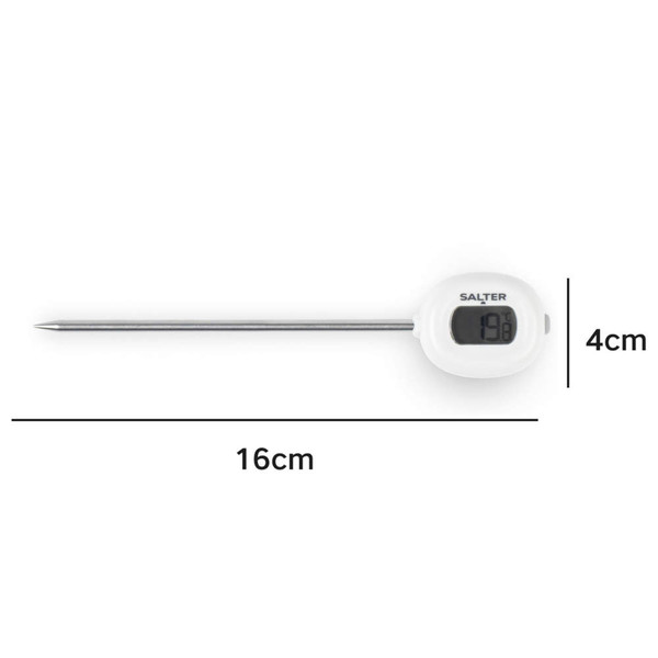 Digital cooking thermometer with white display, shown with 16cm probe and 4cm head measurements