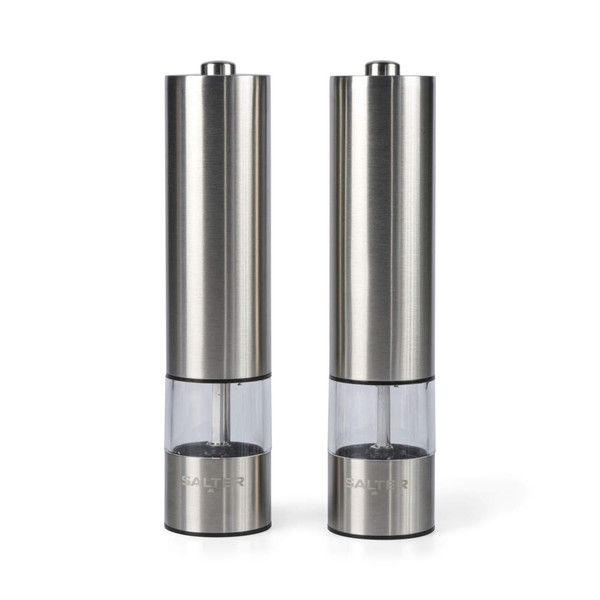 Stainless steel electric salt and pepper mill set, cylinder shape, clear base section