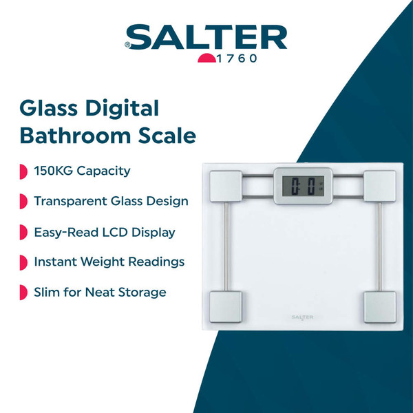Glass digital bathroom scale with silver accents on tiled floor