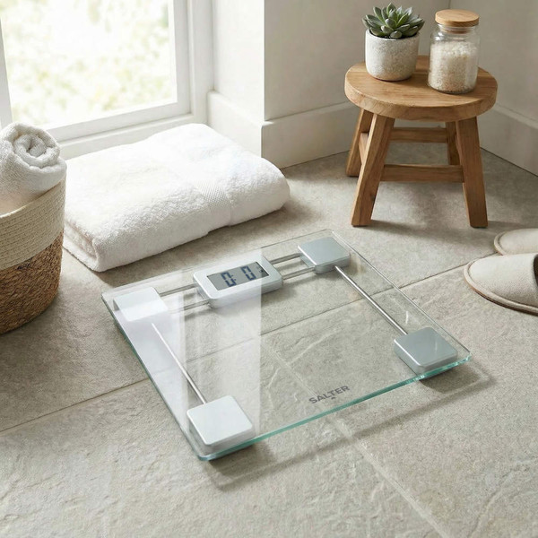 Glass digital bathroom scale with silver accents on tiled floor