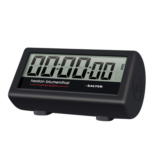 Black digital kitchen timer, angled display, Heston Blumenthal Precision by Salter