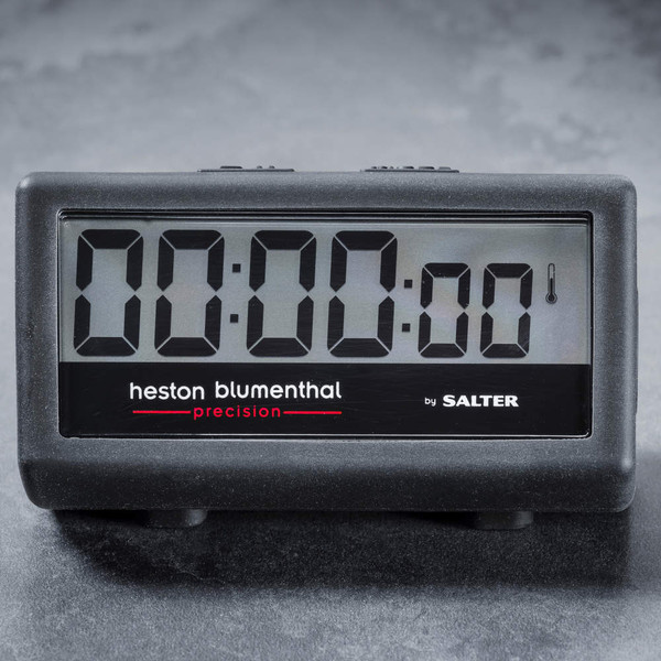 Digital kitchen timer with large display in black case, showing zero hours and minutes.