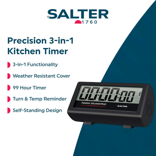 Black digital kitchen timer, front view, Heston Blumenthal Precision by Salter