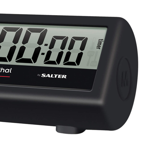 Black digital kitchen timer with large display, by Salter, shown from angle