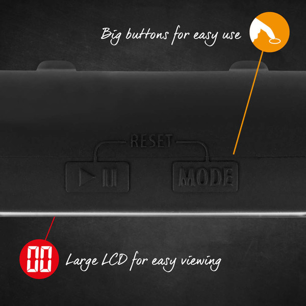 Close-up of digital timer showing large LCD and big buttons for easy use