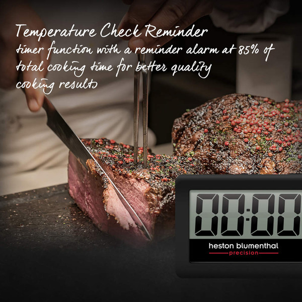 Banner showing a sliced roast beef and digital timer, highlighting temperature check reminder feature.