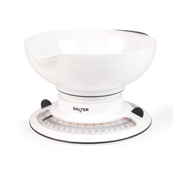 White mechanical kitchen scale with large bowl, Salter branding visible.