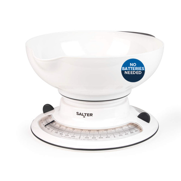 White mechanical kitchen scale with bowl, dial reads up to 800g, no batteries needed.