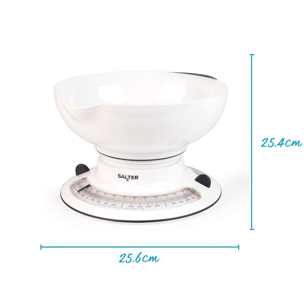 White mechanical kitchen scale with large bowl, Salter brand, 25.6cm wide by 25.4cm tall.