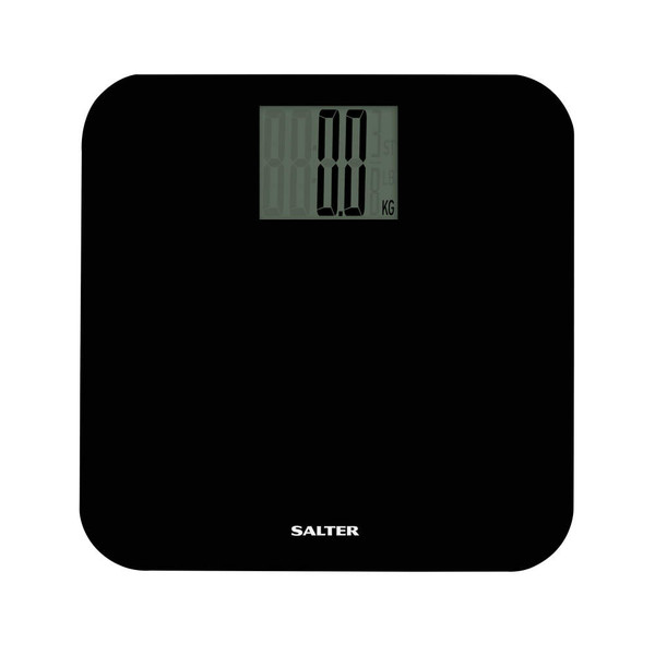 Black digital bathroom scale with large LCD display and Salter logo