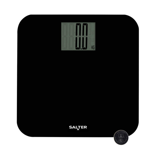 Black digital bathroom scale with large display, Salter logo, and battery shown.