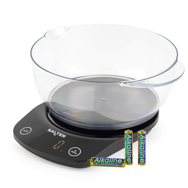 Digital kitchen scale with clear mixing bowl and three AAA batteries included