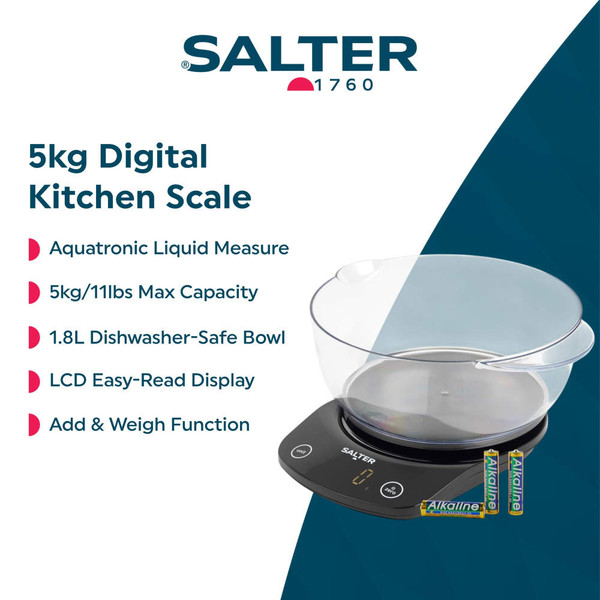 Digital kitchen scale with mixing bowl measuring brown sugar on kitchen worktop