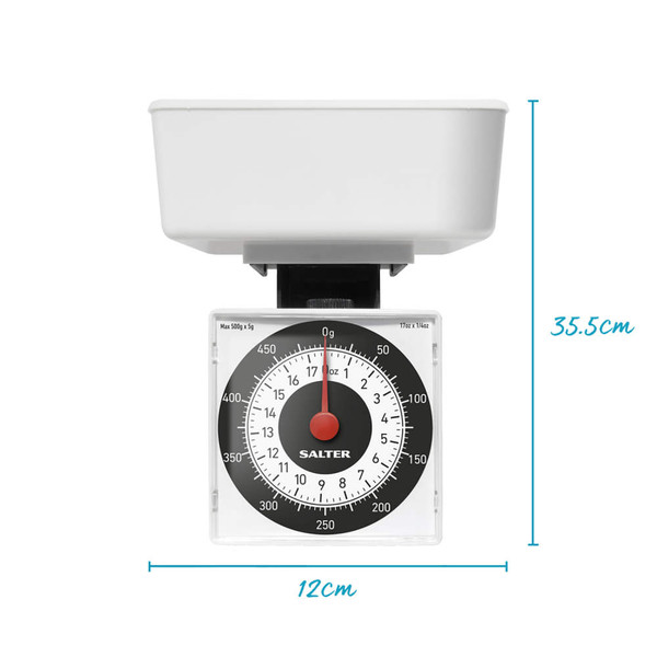 White mechanical kitchen scale with square bowl, black dial, and size markers: 35.5cm tall, 12cm wide.
