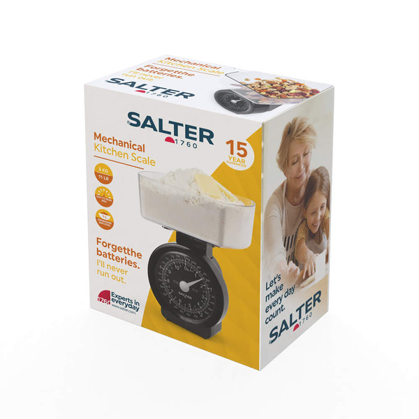 Box of Salter mechanical kitchen scales, black, 5kg capacity, 15-year guarantee.