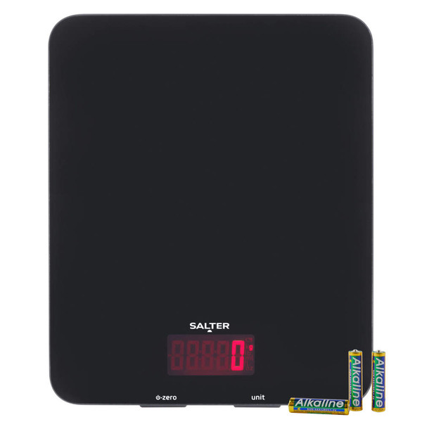 Black digital kitchen scale with red LED display, includes two AA alkaline batteries