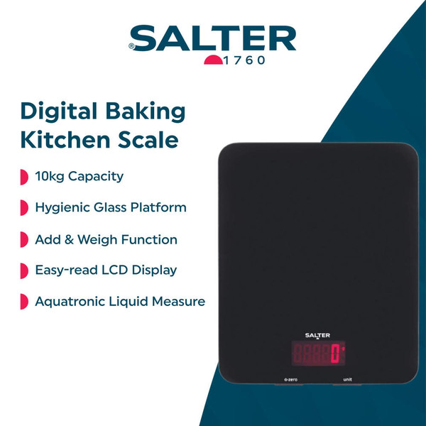 Black electronic kitchen scale with digital display, 10kg capacity, Salter brand
