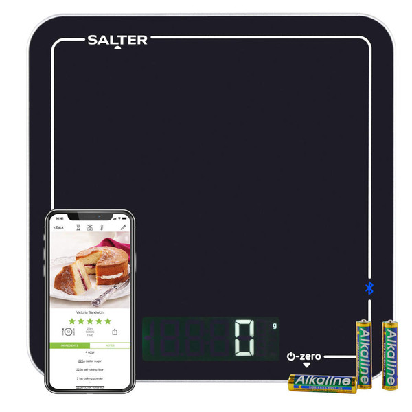 Black Salter digital kitchen scale with smartphone and batteries, shows LCD display.