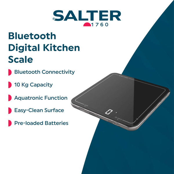 Salter Smart Scale Pro in black, Bluetooth kitchen scale boxed.