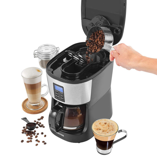 Bean-to-cup coffee maker with glass carafe, beans being poured, latte and espresso cups