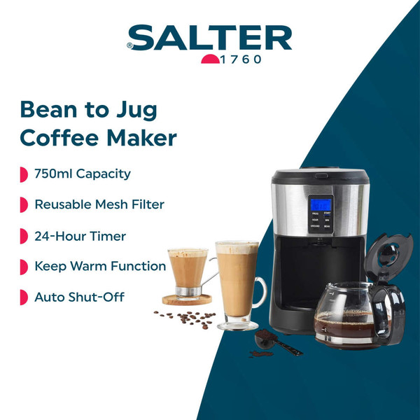 Close-up of hand pressing start button on black and silver filter coffee machine with digital display