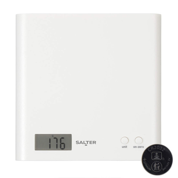 White digital kitchen scale with display showing zero, Salter brand, top-down view