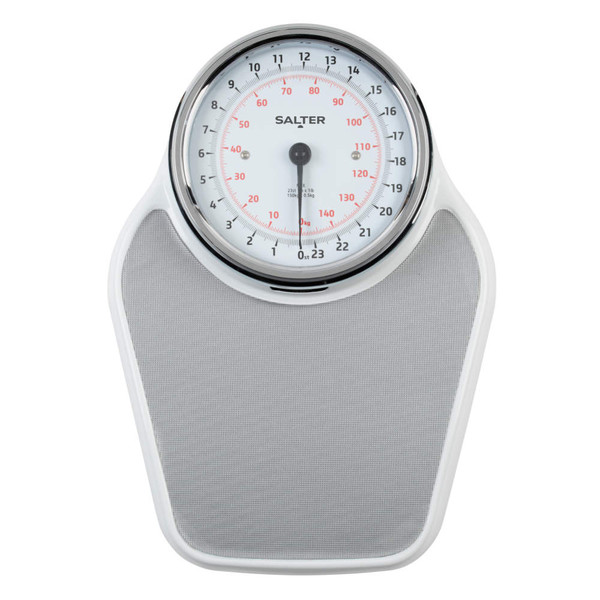 Mechanical bathroom scale with large dial, grey platform, and Salter branding