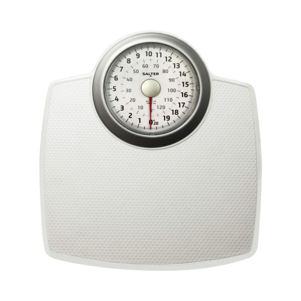 White mechanical bathroom scale with large dial, Salter brand