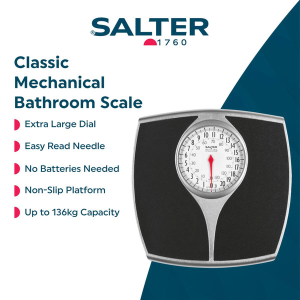 Mechanical bathroom scale with black platform, shown on tiled floor