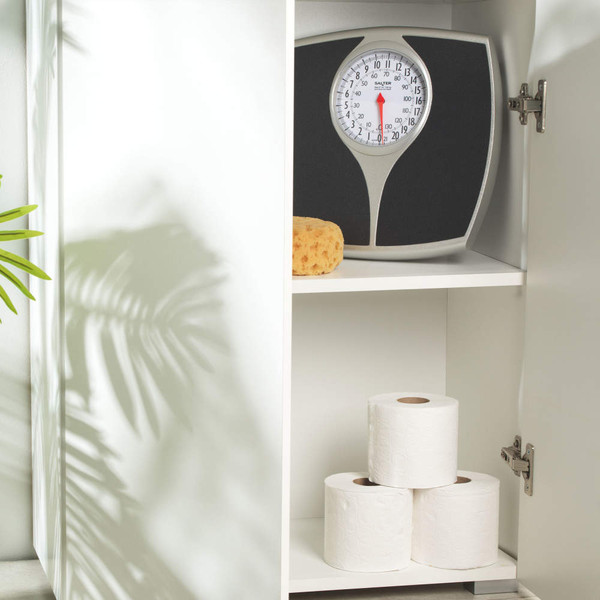 Bathroom cabinet shelf with dial bathroom scale, sponge, and three toilet rolls.