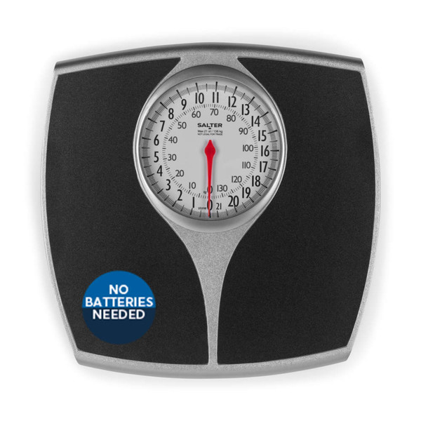 Mechanical bathroom scale with black platform, dial display, no batteries needed