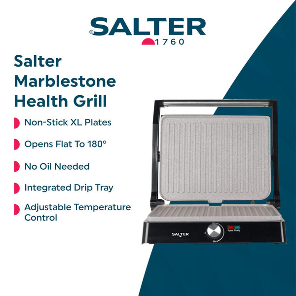 Salter Marblestone health grill and panini maker retail box, showing grill cooking chicken, vegetables and kebabs