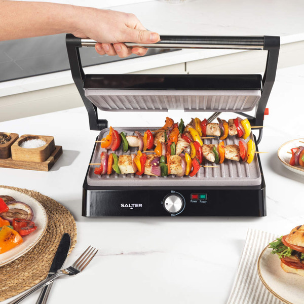 Black Salter contact grill with non-stick plates, temperature dial and power lights, closed position
