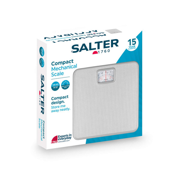 Boxed Salter compact mechanical bathroom scale, white design, shown with dial.
